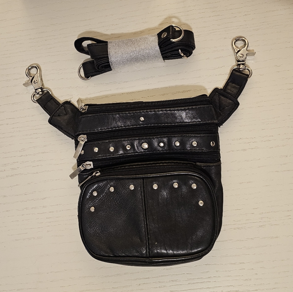 Black Studded Leather Hip Bag
